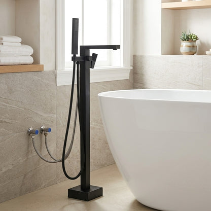Lagomel single-handle freestanding tub filler, set in a Modern/Contemporary bathroom