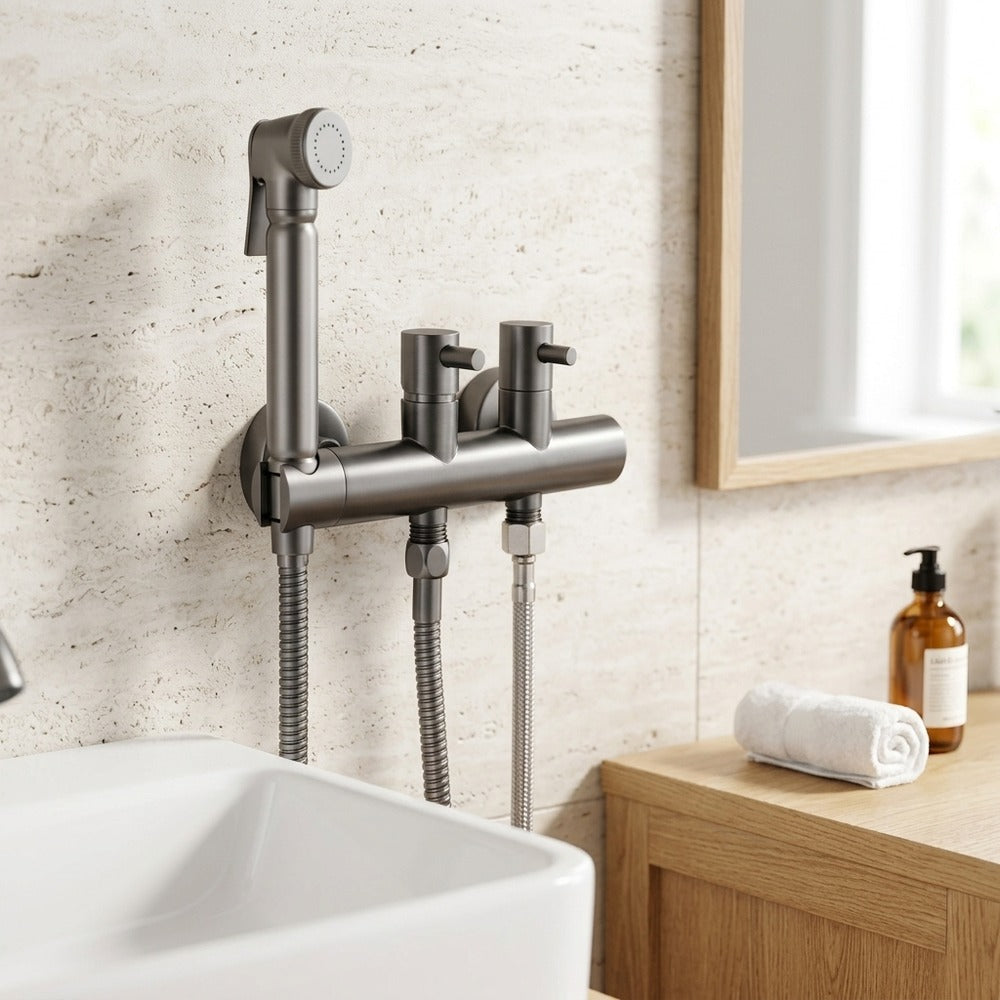 Lagomel wall-mounted bidet faucet in matte black, brushed gold, chrome, gunmetal, set in a Contemporary bathroom