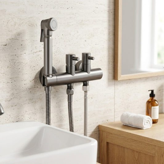 Lagomel wall-mounted bidet faucet in matte black, brushed gold, chrome, gunmetal, set in a Contemporary bathroom