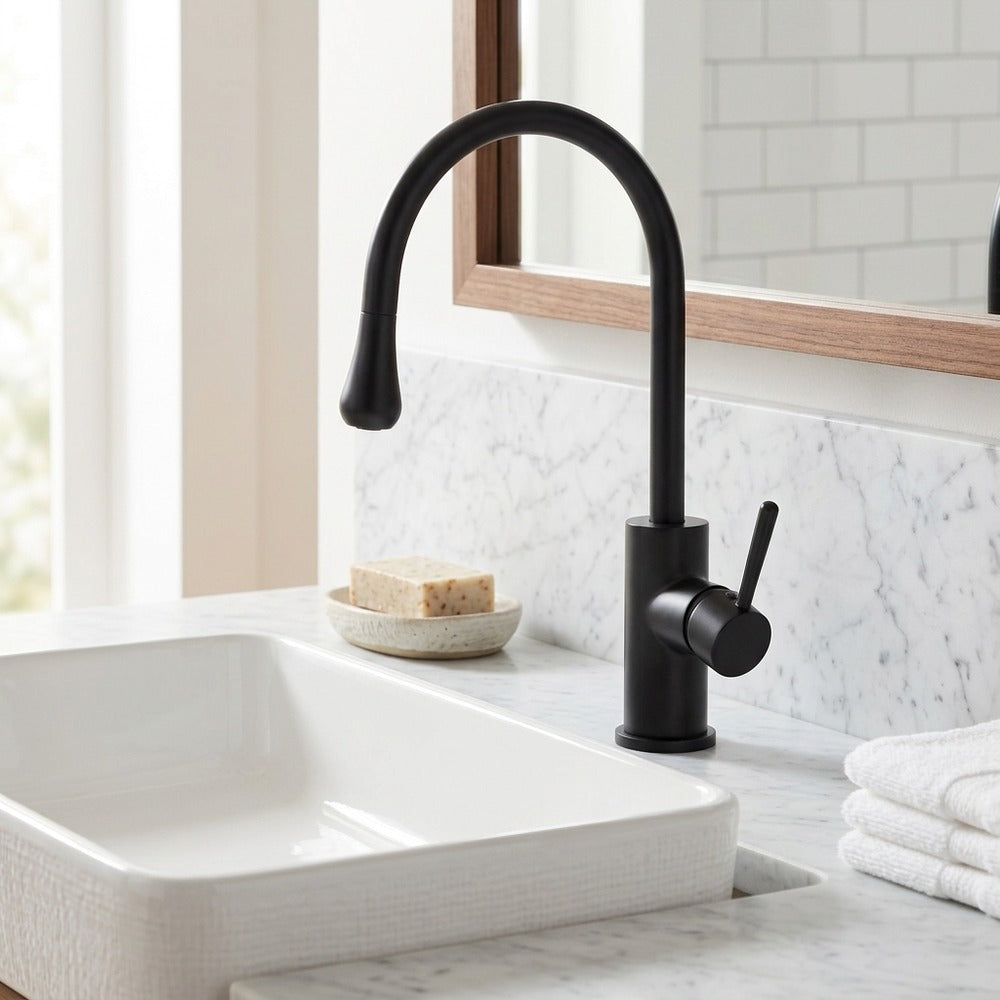 Lagomel single-hole vessel sink faucet in chrome, matte black, brushed gold, gunmetal, polished gold, set in a Modern/Contemporary bathroom