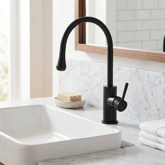 Lagomel single-hole vessel sink faucet in chrome, matte black, brushed gold, gunmetal, polished gold, set in a Modern/Contemporary bathroom