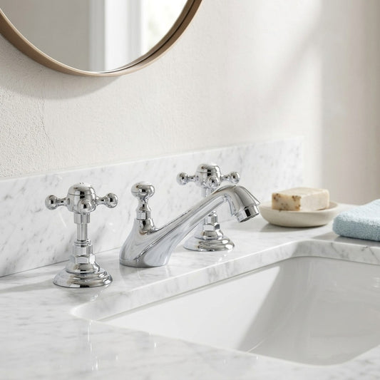Lagomel widespread bathroom faucet in chrome, polished gold, set in a Vintage/Retro/Traditional/Classic bathroom