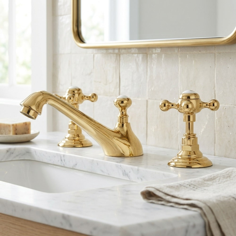 Lagomel widespread bathroom faucet, set in a Modern/Contemporary bathroom
