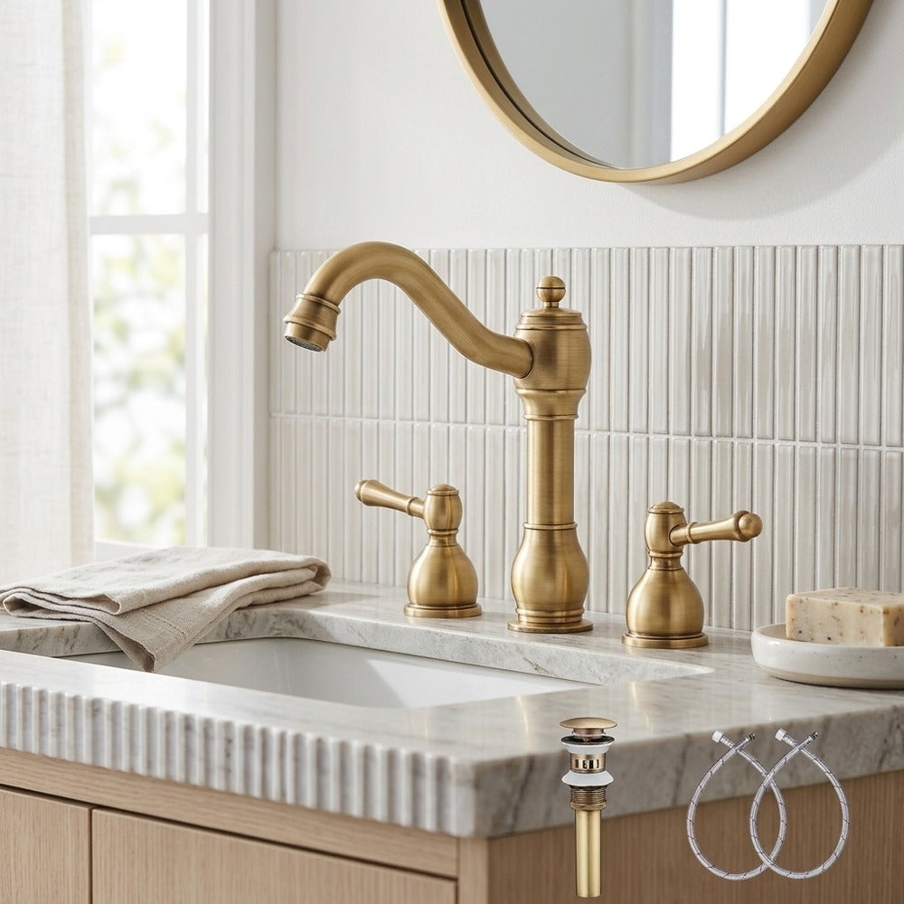 Lagomel two-handle widespread bathroom faucet in antique brass, matte black, set in a Vintage/Retro/Traditional/Classic bathroom