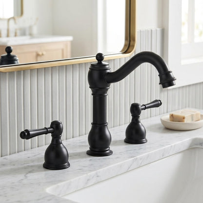 Lagomel two-handle widespread bathroom faucet, set in a Vintage/Retro/Traditional/Classic bathroom