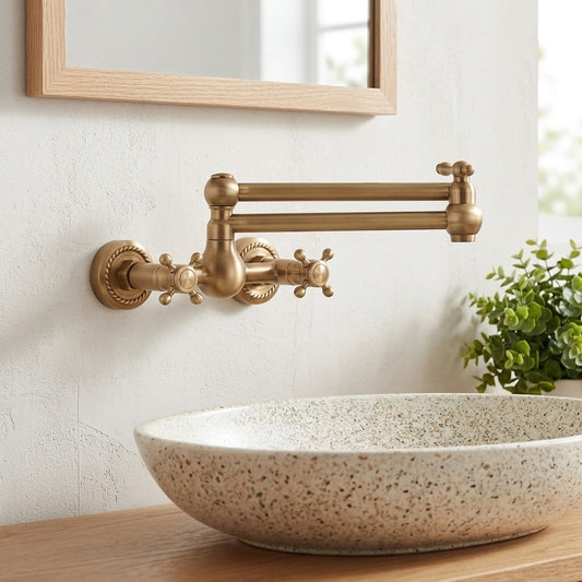 Lagomel wall-mount bathroom faucet in antique brass, brushed nickel, chrome, set in a Traditional/Classic/Rustic bathroom