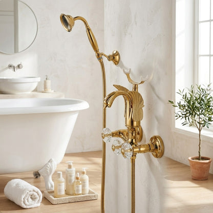 Lagomel wall-mount tub filler in polished gold, set in a Vintage/Retro/Contemporary bathroom