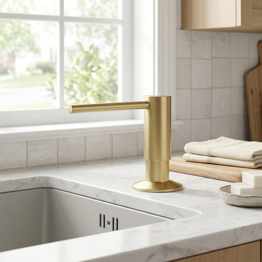 Lagomel soap dispenser in brushed gold, set in a Contemporary bathroom