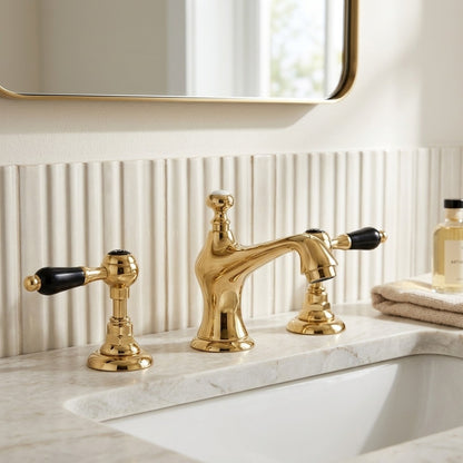Lagomel double-handle widespread bathroom faucet in chrome, polished gold, set in a Vintage/Retro/Traditional/Classic bathroom