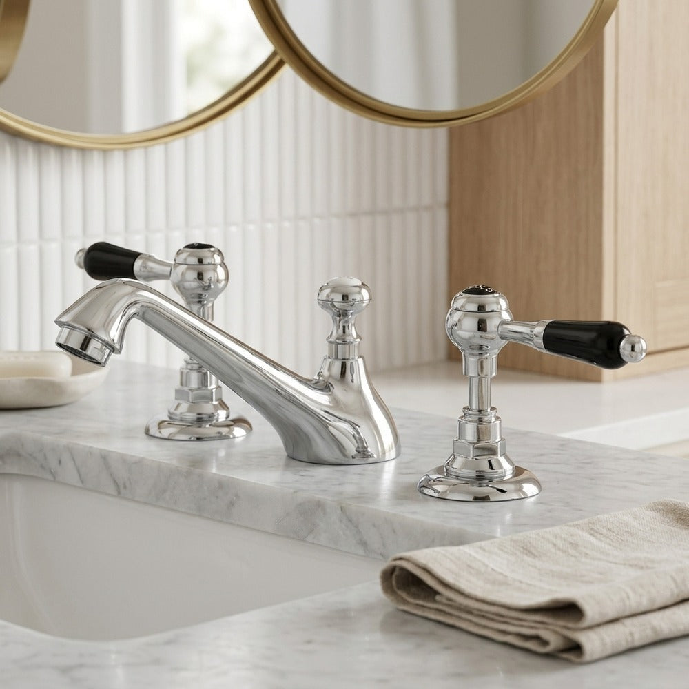 Lagomel double-handle widespread bathroom faucet, set in a Vintage/Retro/Traditional/Classic bathroom