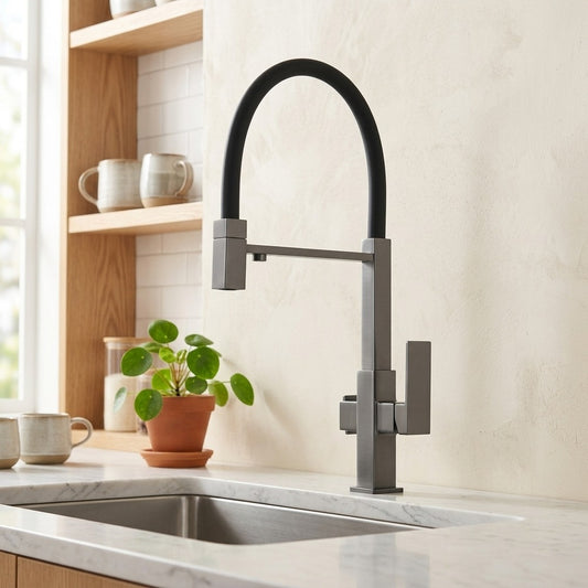 Lagomel single-hole two-handle kitchen faucet in gunmetal, set in a Modern/Contemporary kitchen