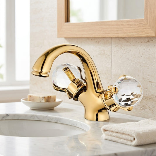 Lagomel single-hole bathroom faucet in polished gold, pvd, set in a Modern/Contemporary bathroom