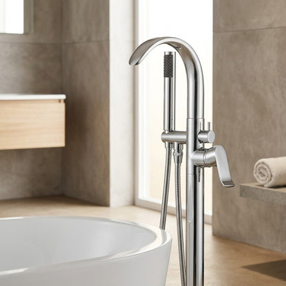 Lagomel single-handle freestanding tub filler in chrome, set in a Modern/Contemporary bathroom