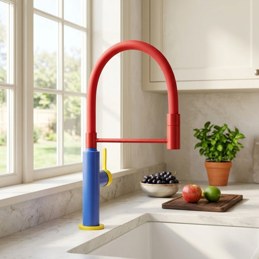 Lagomel single-handle pull-down kitchen faucet in two-tone / mixed finish, chrome, matte black, matte white, set in a Modern/Contemporary kitchen