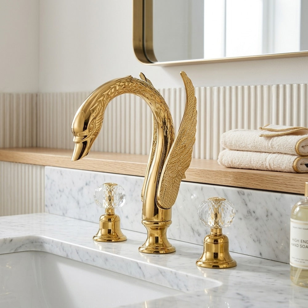 Lagomel widespread bathroom faucet in polished gold, set in a Modern/Contemporary bathroom