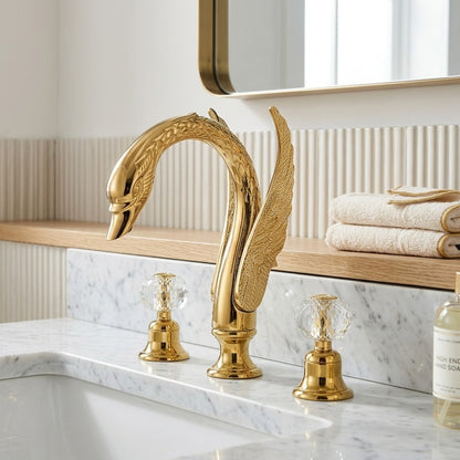 Lagomel widespread bathroom faucet in polished gold, set in a Modern/Contemporary bathroom