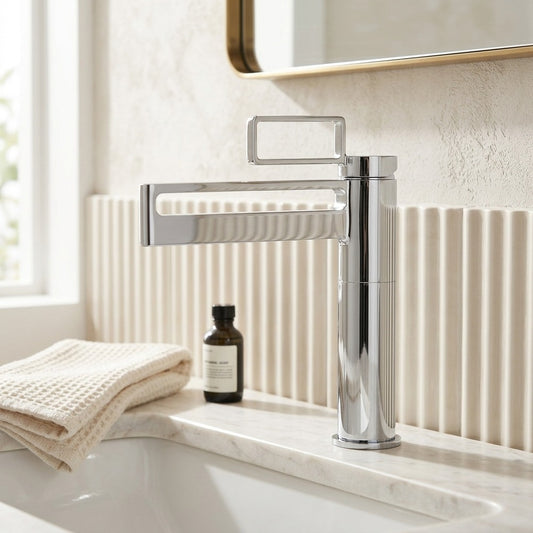Lagomel waterfall single-hole bathroom faucet in chrome, polished gold, set in a Modern/Contemporary bathroom