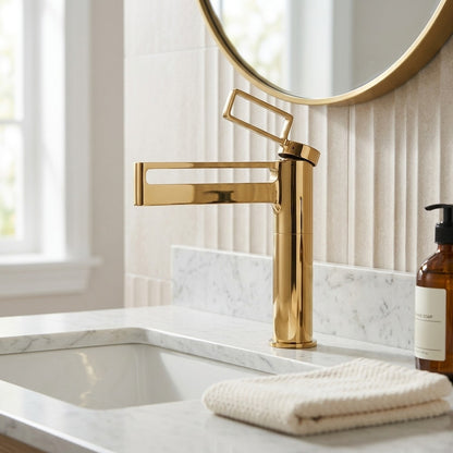 Lagomel waterfall single-hole bathroom faucet, set in a Modern/Minimalist bathroom