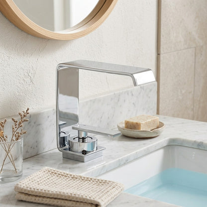 Lagomel waterfall single-hole bathroom faucet in chrome, matte black, gunmetal, matte white, set in a Modern/Contemporary bathroom