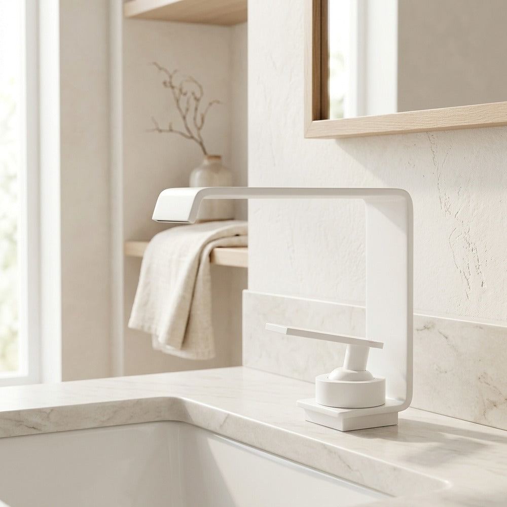 Lagomel waterfall single-hole bathroom faucet, set in a Modern/Minimalist bathroom