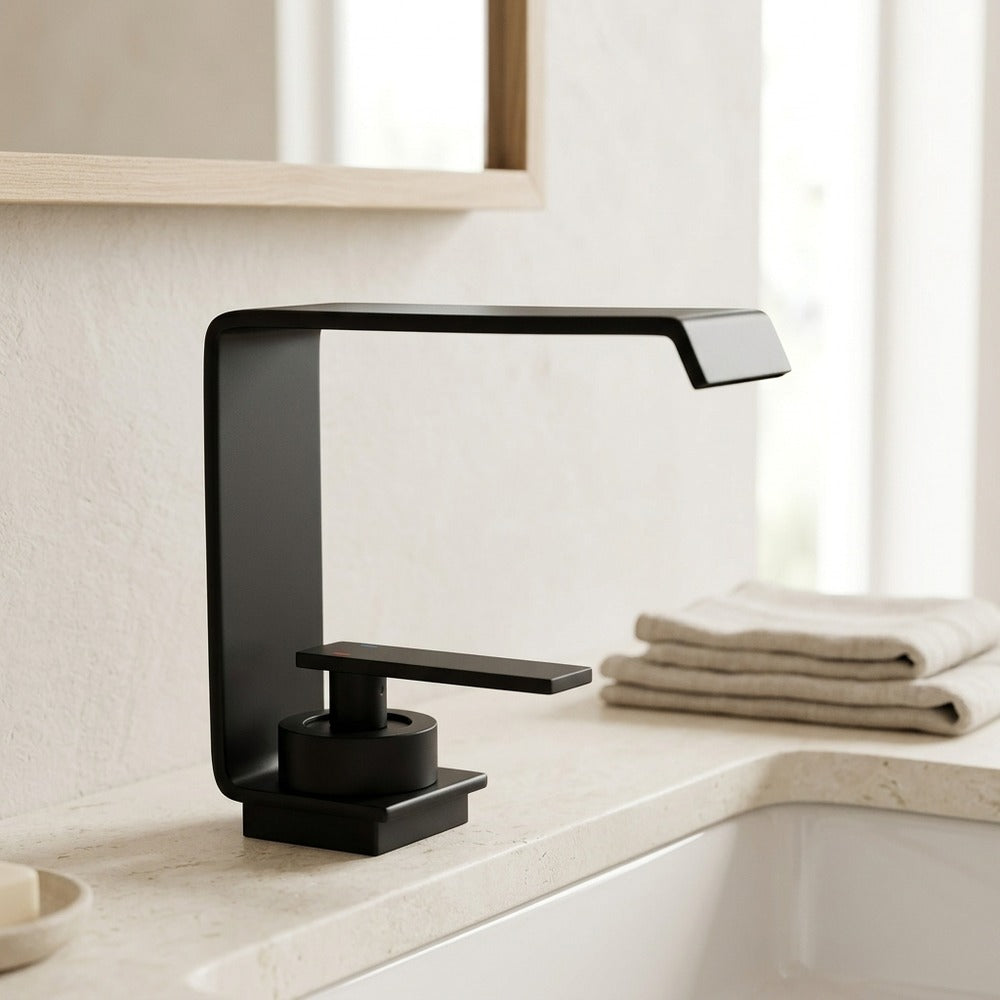 Lagomel waterfall single-hole bathroom faucet, set in a Modern/Minimalist bathroom