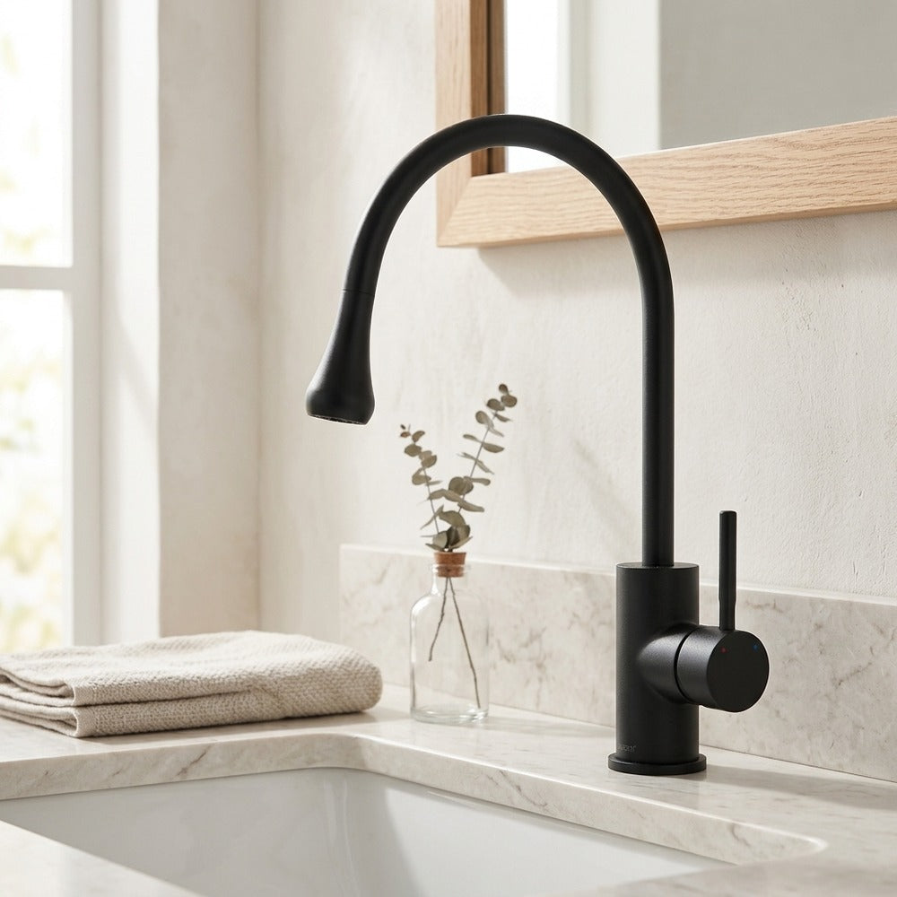 Lagomel single-hole bathroom faucet in matte black, brushed gold, chrome, polished gold, gunmetal, set in a Modern bathroom