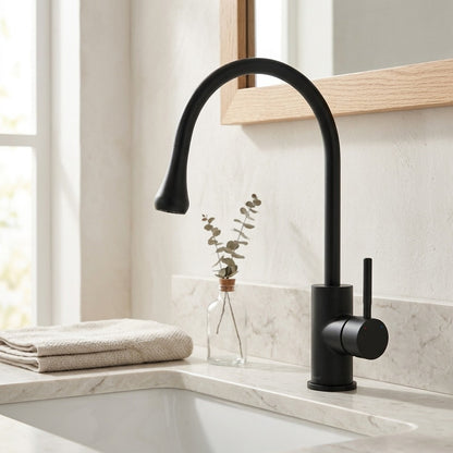 Lagomel single-hole bathroom faucet in matte black, brushed gold, chrome, polished gold, gunmetal, set in a Modern bathroom