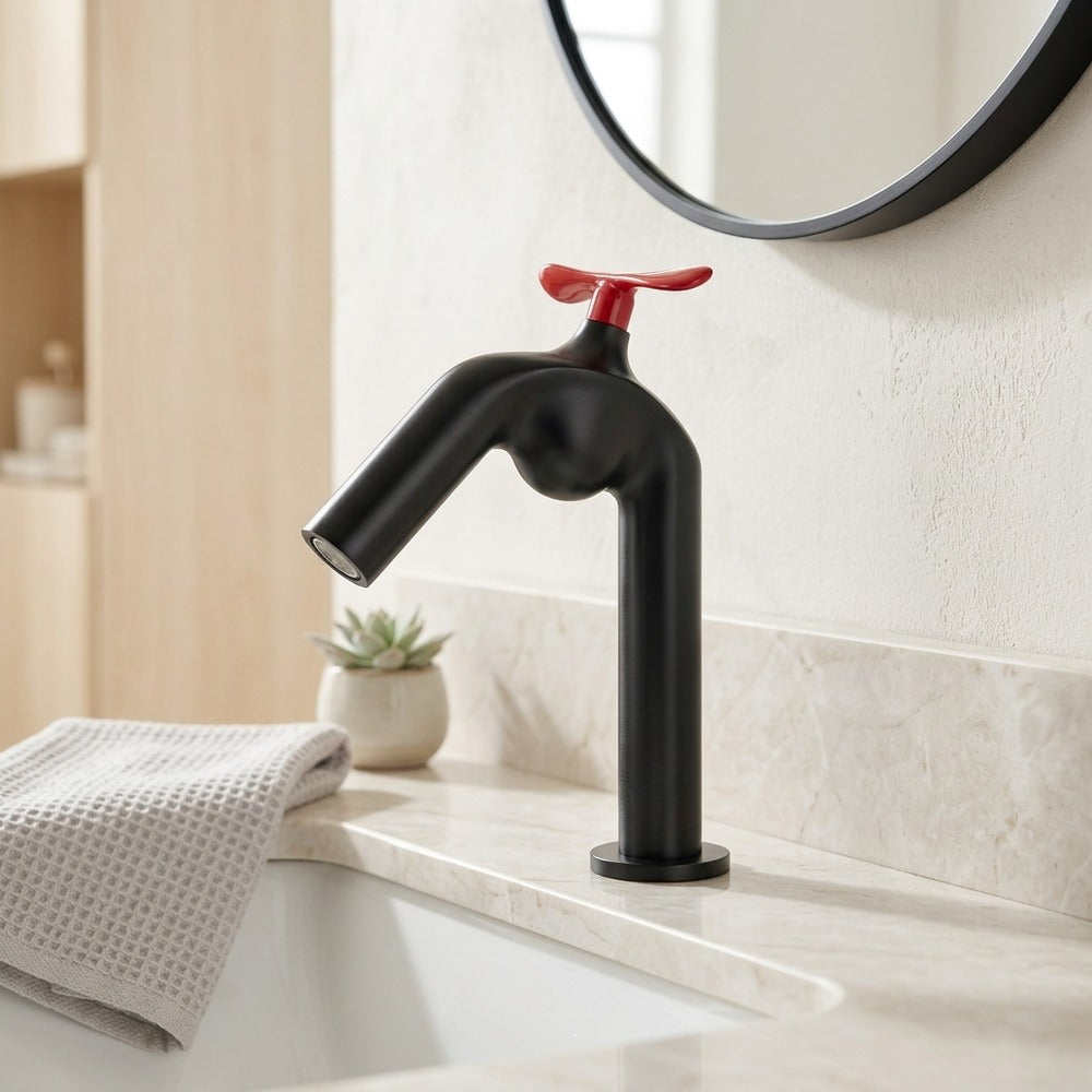 Lagomel single-hole bathroom faucet in matte black, matte white, painted / powder coated, two-tone / mixed, set in a Modern/Contemporary bathroom