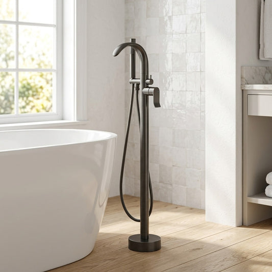 Lagomel freestanding tub filler in gunmetal, set in a Modern/Minimalist bathroom