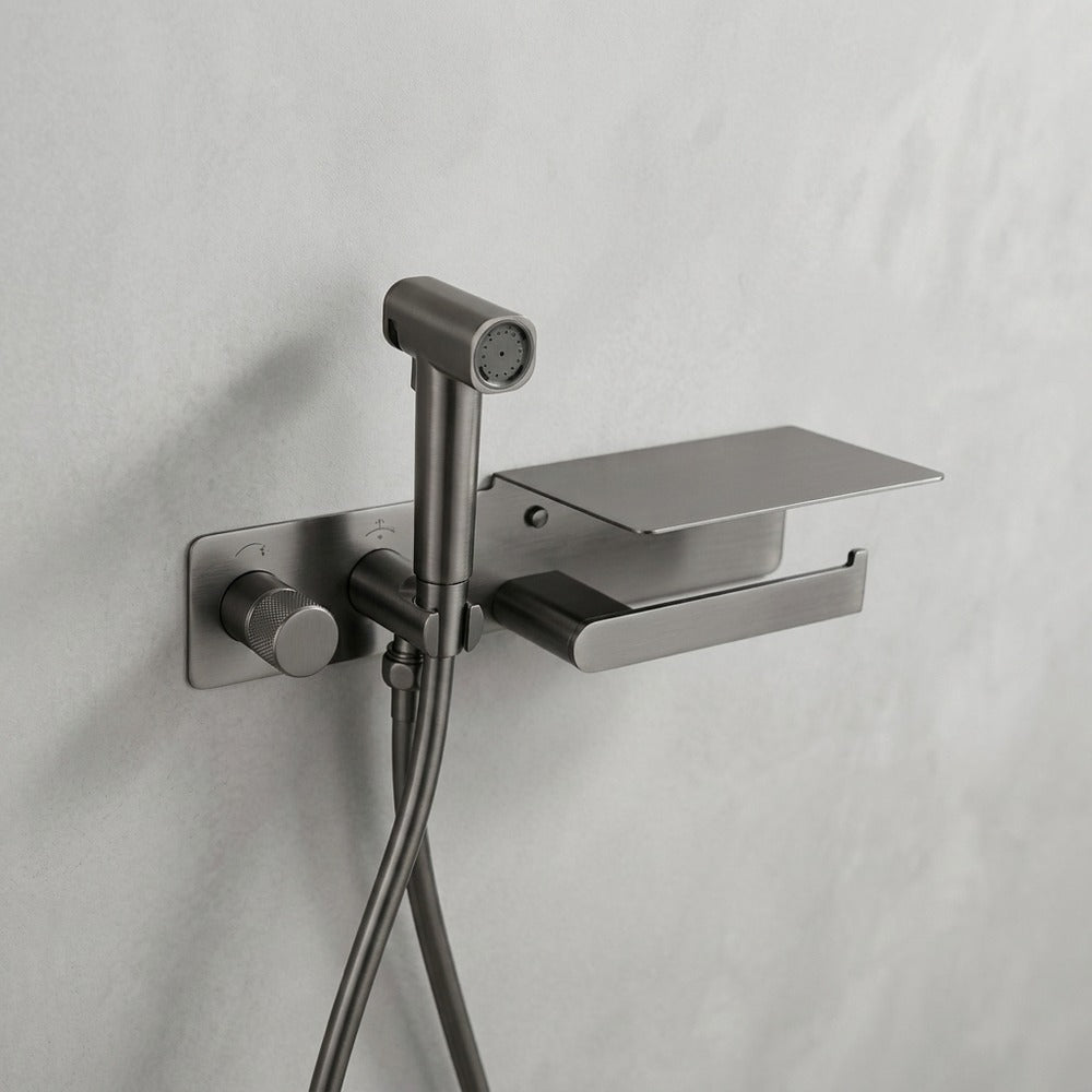 Lagomel wall-mounted single-handle bidet faucet in matte black, brushed gold, chrome, gunmetal, set in a Contemporary bathroom