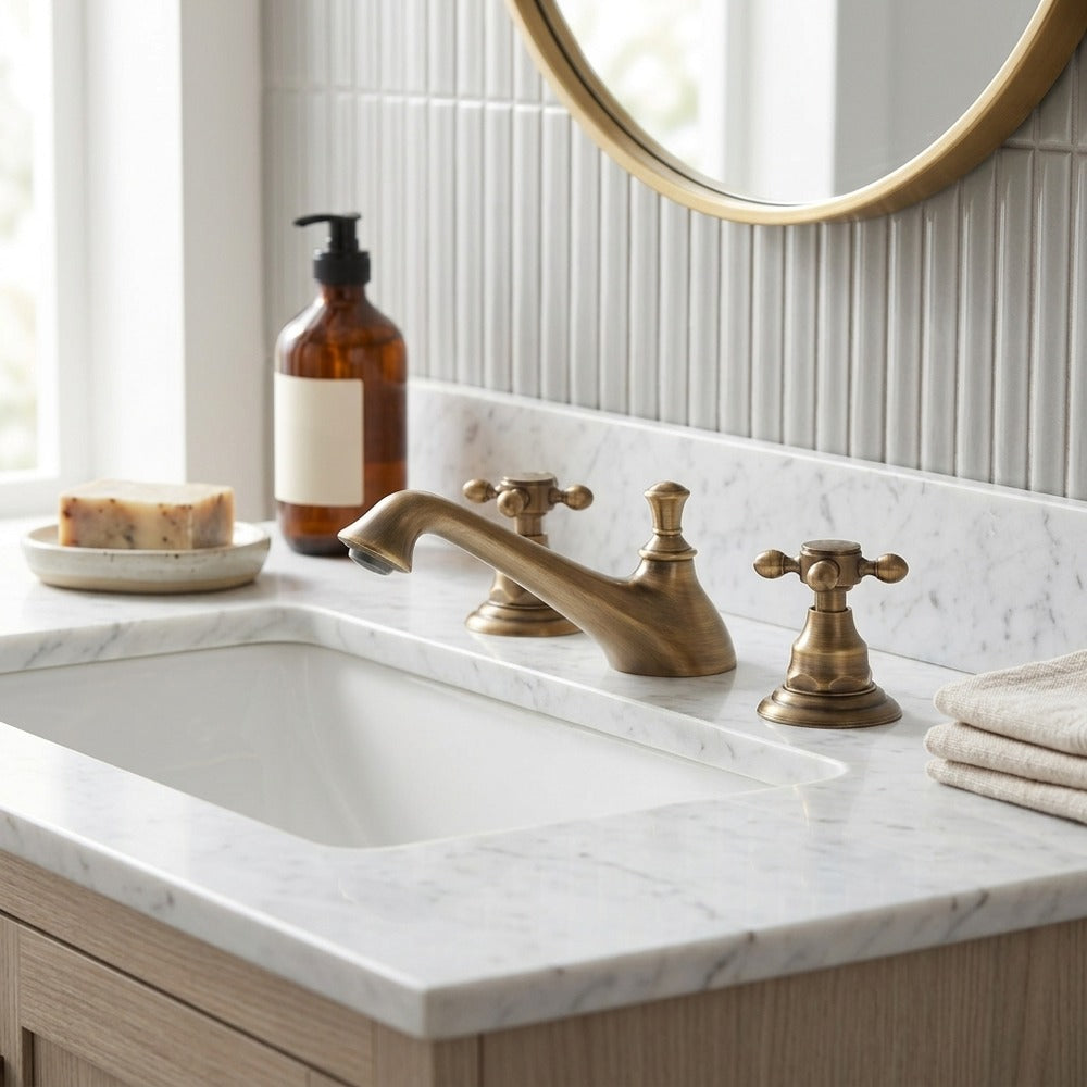 Lagomel double-handle widespread bathroom faucet in antique brass, set in a Vintage/Retro/Traditional/Classic/Rustic bathroom