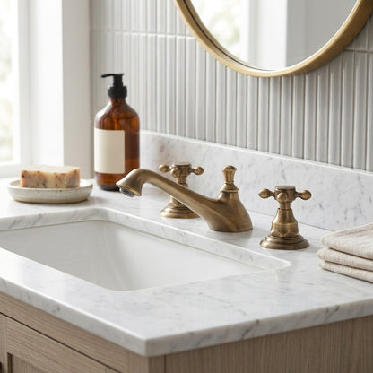 Lagomel double-handle widespread bathroom faucet in antique brass, set in a Vintage/Retro/Traditional/Classic/Rustic bathroom