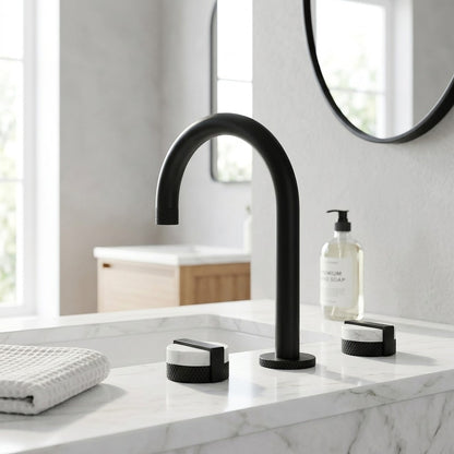 Lagomel widespread bathroom faucet in matte black, set in a Modern/Contemporary bathroom