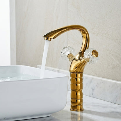 Lagomel single-hole vessel sink faucet in polished gold, set in a Modern/Contemporary bathroom