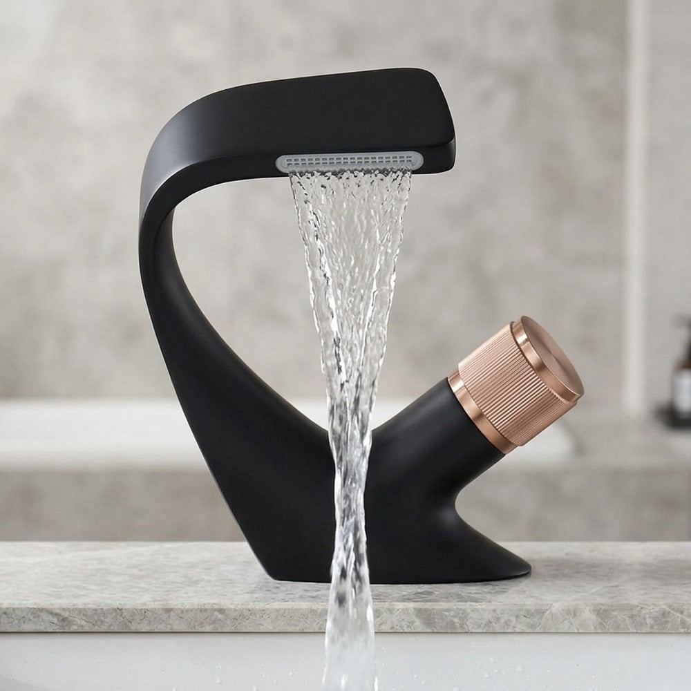Lagomel waterfall single-hole bathroom faucet in two-tone / mixed finish, matte black, gunmetal, chrome, matte white,, set in a Contemporary/Modern bathroom