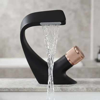 Lagomel waterfall single-hole bathroom faucet in two-tone / mixed finish, matte black, gunmetal, chrome, matte white,, set in a Contemporary/Modern bathroom