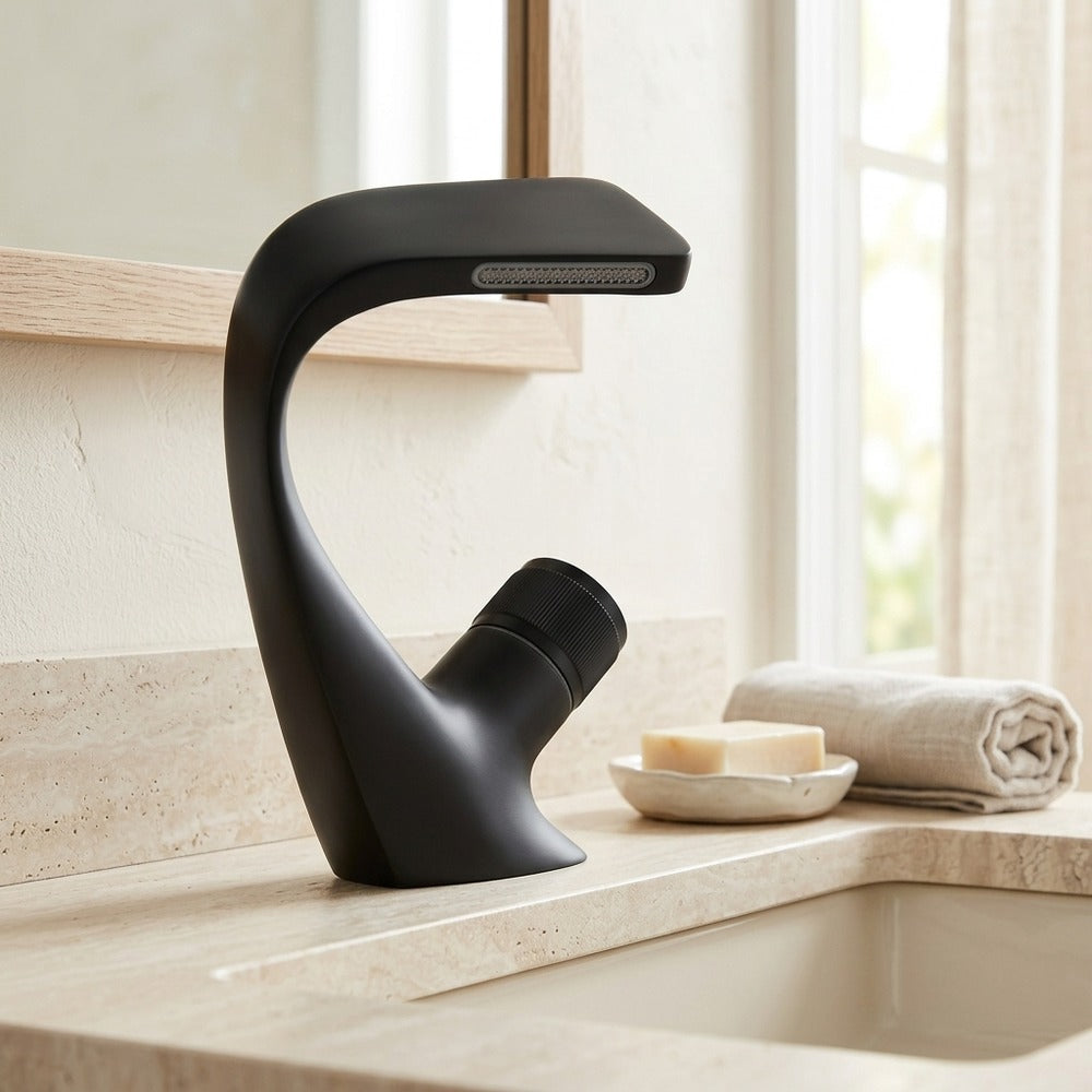 Lagomel waterfall single-hole bathroom faucet, set in a Modern/Minimalist bathroom