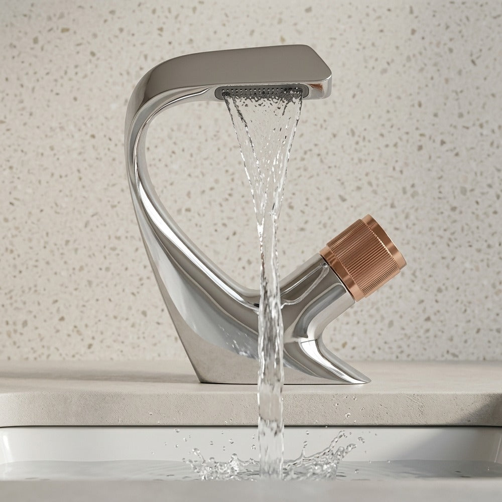 Lagomel waterfall single-hole bathroom faucet, set in a Modern/Minimalist bathroom