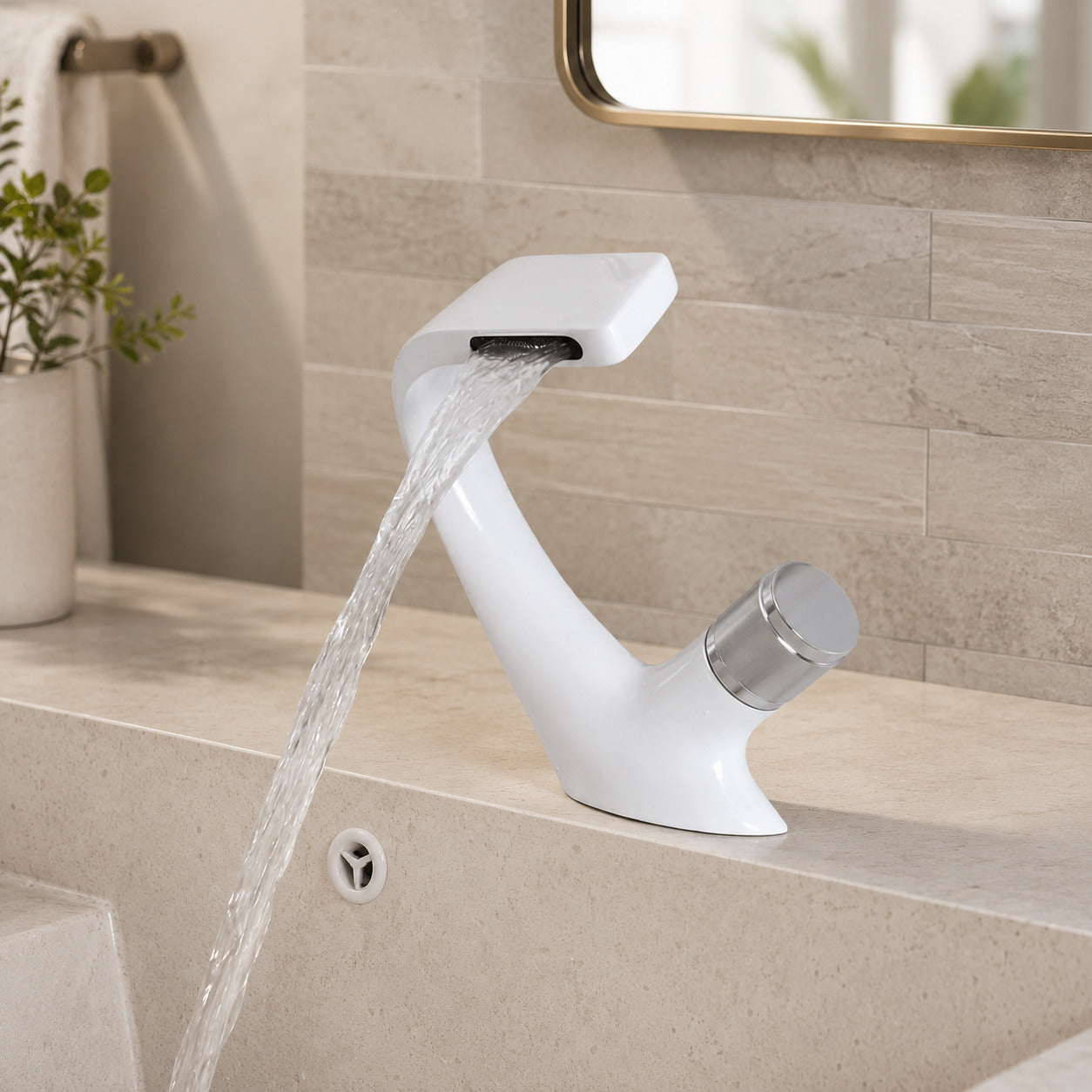 Lagomel waterfall single-hole bathroom faucet, set in a Modern/Minimalist bathroom