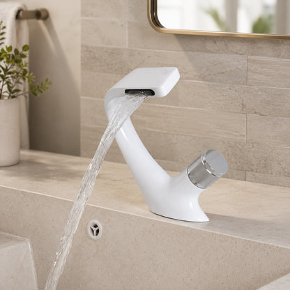 Lagomel waterfall single-hole bathroom faucet, set in a Modern/Minimalist bathroom