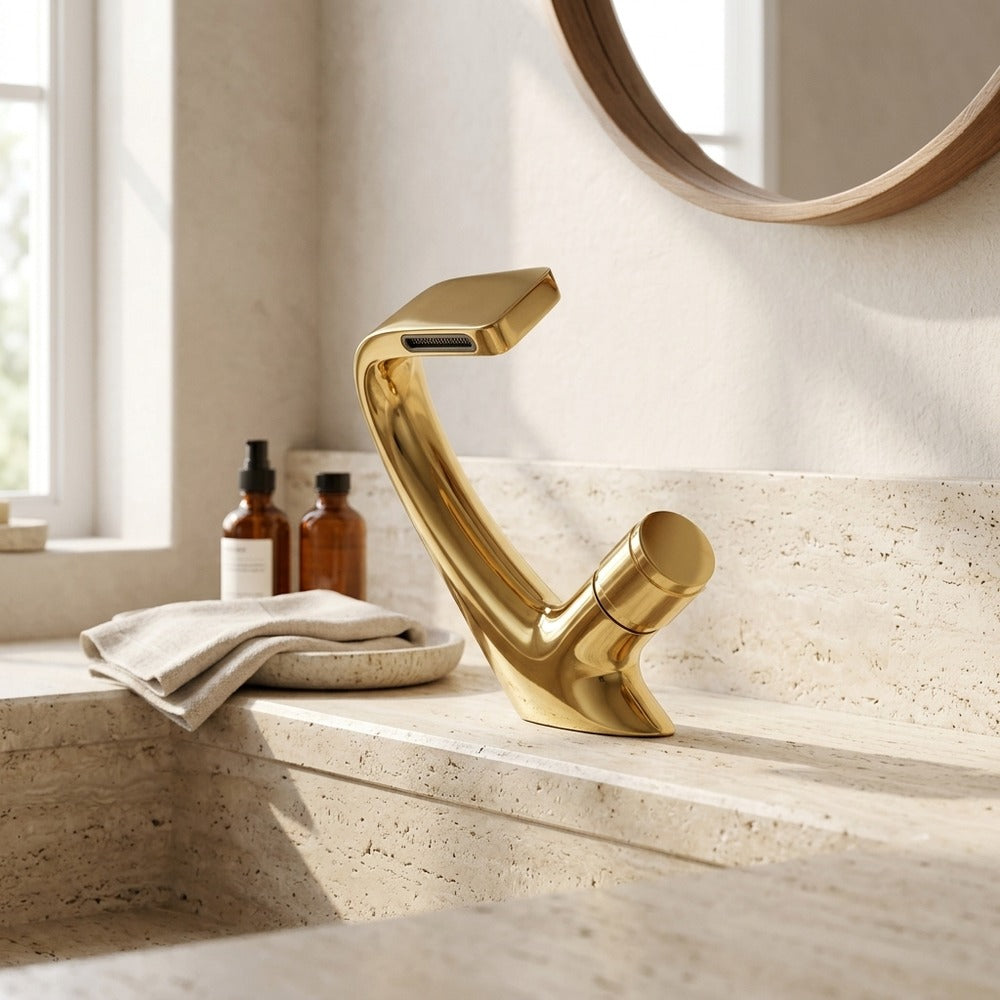 Lagomel waterfall single-hole bathroom faucet, set in a Modern/Minimalist bathroom