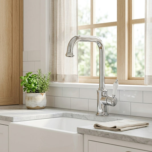 Lagomel single-handle kitchen faucet in chrome, antique brass, polished gold, set in a Vintage/Retro/Traditional/Classic kitchen