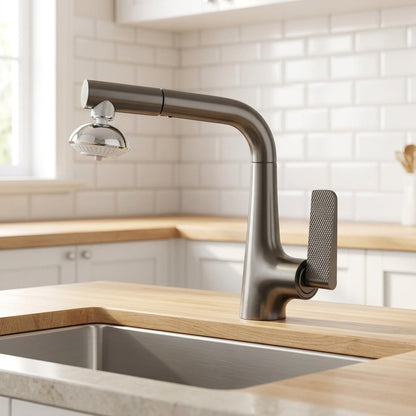 Lagomel single-hole single-handle pull-out kitchen faucet in gunmetal, chrome, painted / powder coated, matte white, two-tone, set in a Modern/Contemporary kitchen