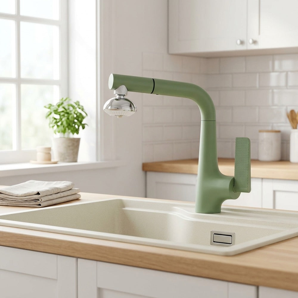 Lagomel single-hole single-handle pull-out kitchen faucet, set in a Modern/Contemporary kitchen