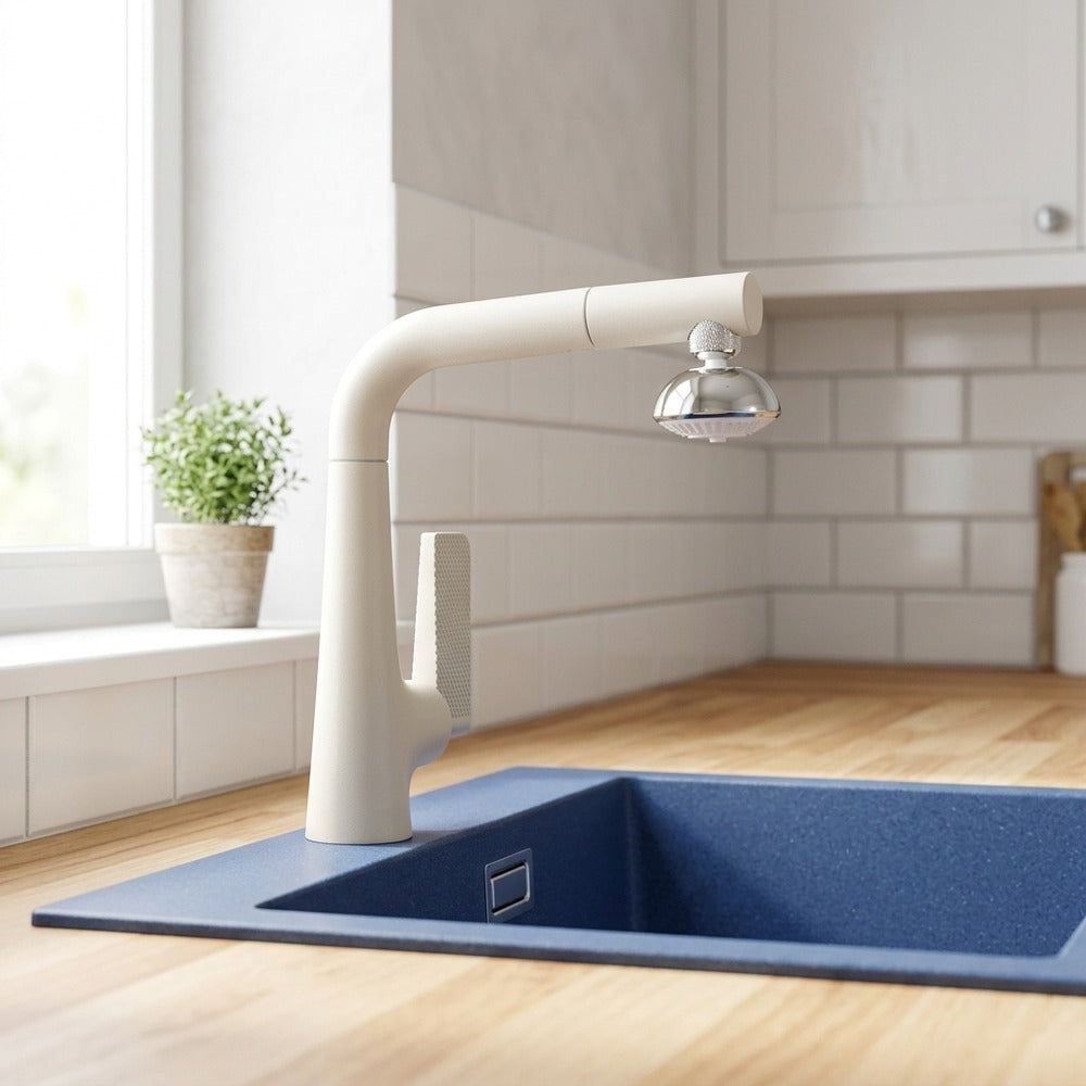 Lagomel single-hole single-handle pull-out kitchen faucet, set in a Modern/Contemporary kitchen