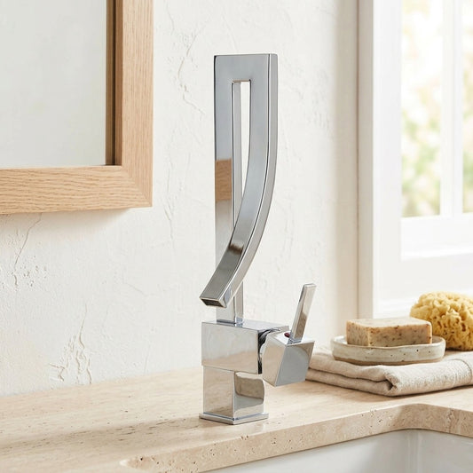 Lagomel waterfall single-hole bathroom faucet in chrome, matte black, polished gold, set in a Modern bathroom