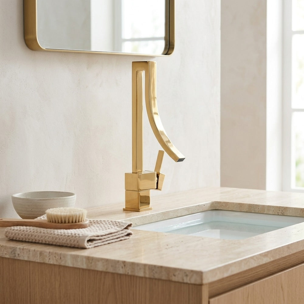 Lagomel waterfall single-hole bathroom faucet, set in a Modern/Minimalist bathroom