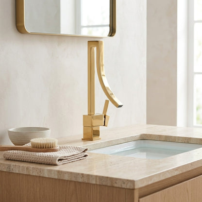 Lagomel waterfall single-hole bathroom faucet, set in a Modern/Minimalist bathroom