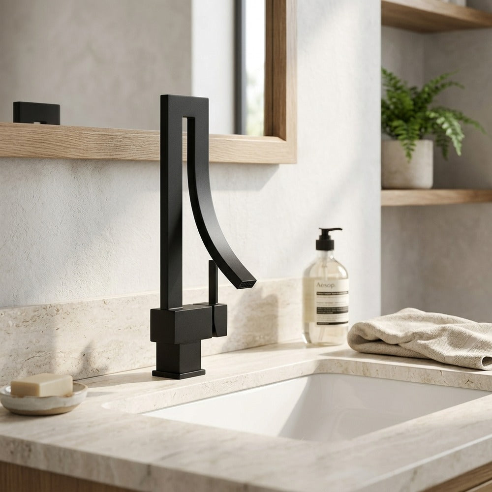 Lagomel waterfall single-hole bathroom faucet, set in a Modern/Minimalist bathroom