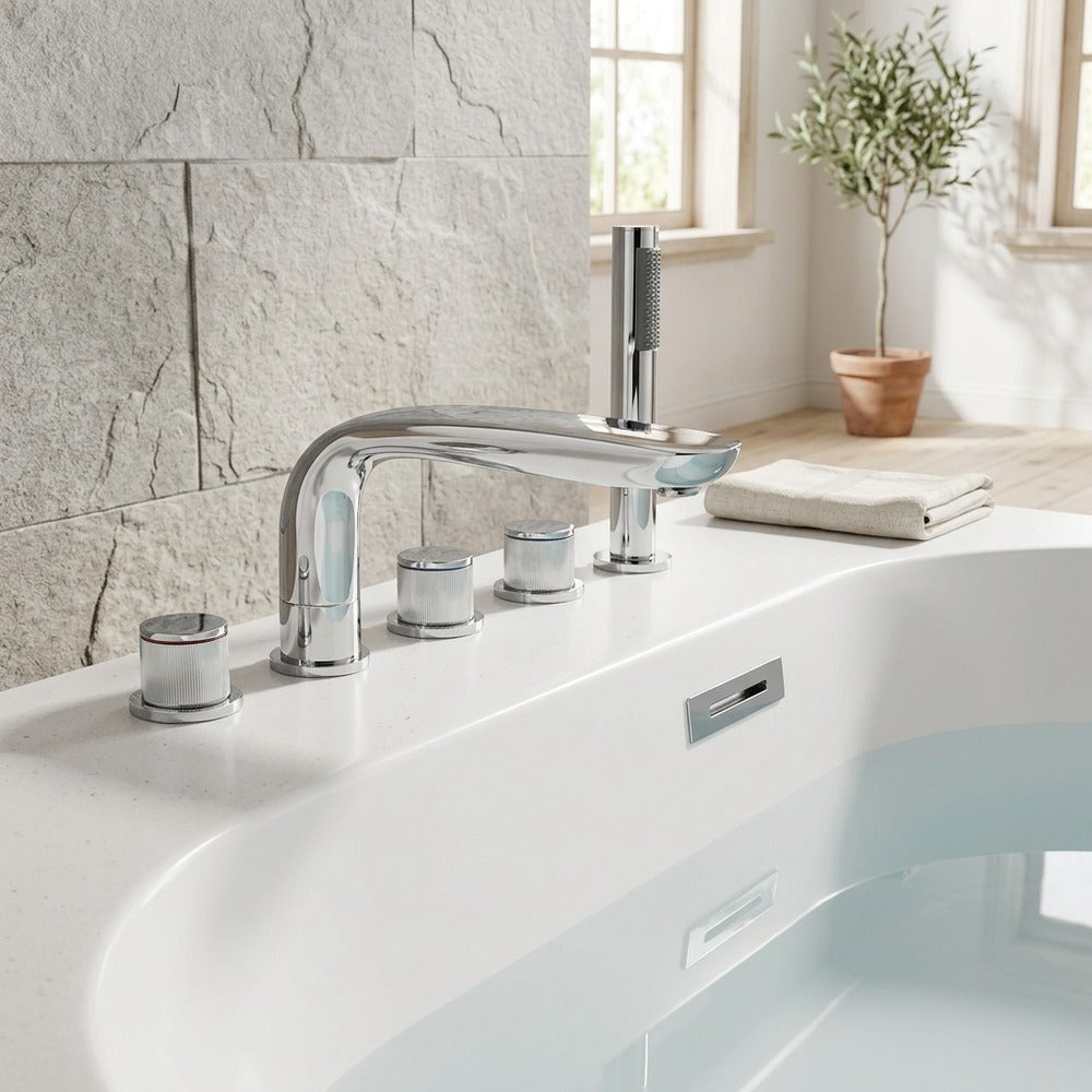 Lagomel deck-mount tub filler in chrome, set in a Modern/Contemporary/Minimalist bathroom